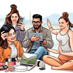 A diverse group of modern influencers engaging with their audience through various digital devices, showcasing their unique styles