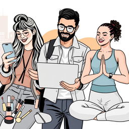 A diverse group of modern influencers engaging with their audience through various digital devices, showcasing their unique styles