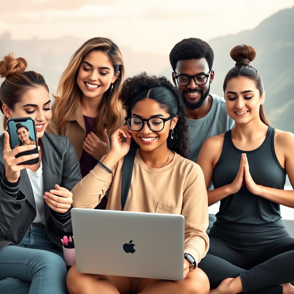 A diverse group of modern influencers engaging with their audience through various digital devices, showcasing their unique styles