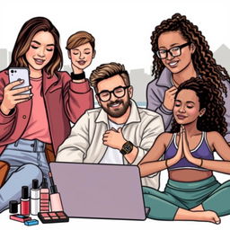 A diverse group of modern influencers engaging with their audience through various digital devices, showcasing their unique styles