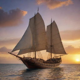 An ancient, majestic traditional Indonesian ship, 'Dewa Ruci', with full sails against the backdrop of a stunning sunset. Rich hardwood construction, intricate carvings and designs, sailing on calm crystal-clear water.