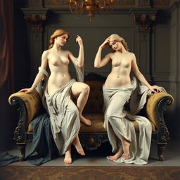 Two Venus figures posing on a divan in an oil painting style, inspired by the classical works of Carl Bloch