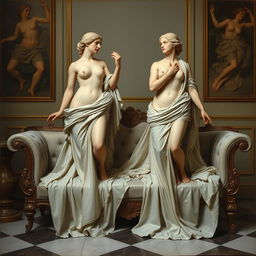 Two Venus figures posing on a divan in an oil painting style, inspired by the classical works of Carl Bloch