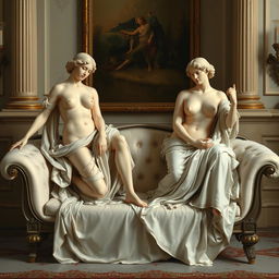 Two Venus figures posing on a divan in an oil painting style, inspired by the classical works of Carl Bloch