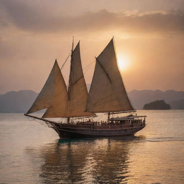 An ancient, majestic traditional Indonesian ship, 'Dewa Ruci', with full sails against the backdrop of a stunning sunset. Rich hardwood construction, intricate carvings and designs, sailing on calm crystal-clear water.