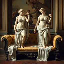 Two Venus figures posing on a divan in an oil painting style, inspired by the classical works of Carl Bloch