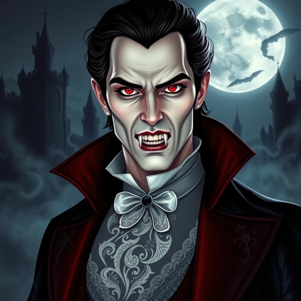 A mysterious and alluring vampire with a regal presence, featuring pale skin, sharp fangs, and hypnotic red eyes