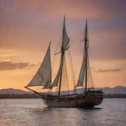 An ancient, majestic traditional Indonesian ship, 'Dewa Ruci', with full sails against the backdrop of a stunning sunset. Rich hardwood construction, intricate carvings and designs, sailing on calm crystal-clear water.