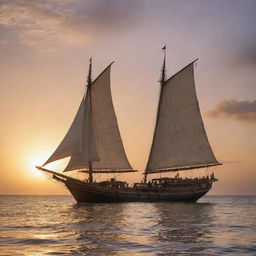 An ancient, majestic traditional Indonesian ship, 'Dewa Ruci', with full sails against the backdrop of a stunning sunset. Rich hardwood construction, intricate carvings and designs, sailing on calm crystal-clear water.