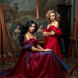 Two women posing as models for a painting set in a classical art studio