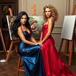 Two women posing as models for a painting set in a classical art studio