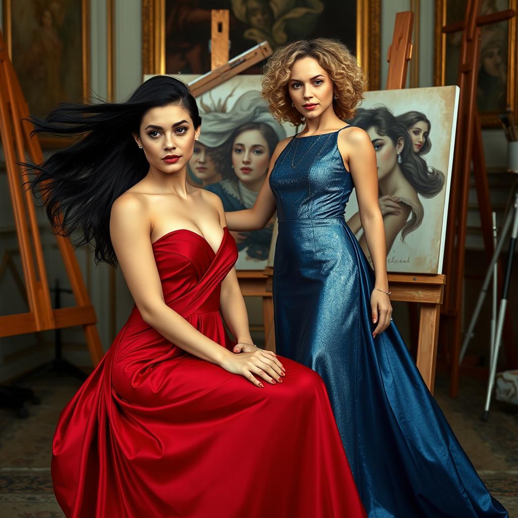 Two women posing as models for a painting set in a classical art studio