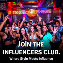 A vibrant and energetic club advertisement featuring a diverse group of influencers enjoying a night out at a trendy club