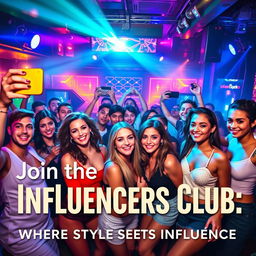 A vibrant and energetic club advertisement featuring a diverse group of influencers enjoying a night out at a trendy club