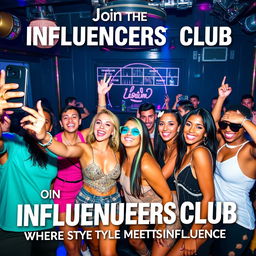 A vibrant and energetic club advertisement featuring a diverse group of influencers enjoying a night out at a trendy club