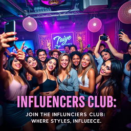 A vibrant and energetic club advertisement featuring a diverse group of influencers enjoying a night out at a trendy club