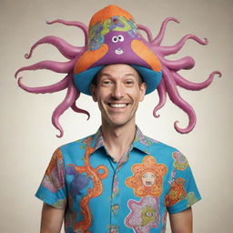 A vibrantly colored cartoon depiction of a jovial man wearing a notably quirky attire that consists of a squid-shaped hat on his head and a shirt emblazoned with squid designs.