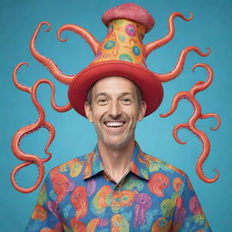 A vibrantly colored cartoon depiction of a jovial man wearing a notably quirky attire that consists of a squid-shaped hat on his head and a shirt emblazoned with squid designs.