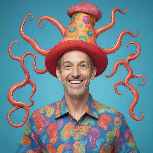 A vibrantly colored cartoon depiction of a jovial man wearing a notably quirky attire that consists of a squid-shaped hat on his head and a shirt emblazoned with squid designs.