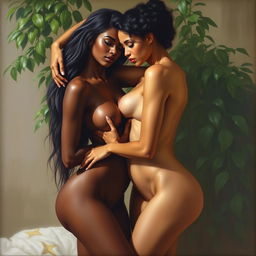 A painting of two women posing nude, embracing the beauty of the female form with elegance and grace