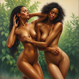 A painting of two women posing nude, embracing the beauty of the female form with elegance and grace