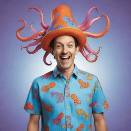 A vibrantly colored cartoon depiction of a jovial man wearing a notably quirky attire that consists of a squid-shaped hat on his head and a shirt emblazoned with squid designs.