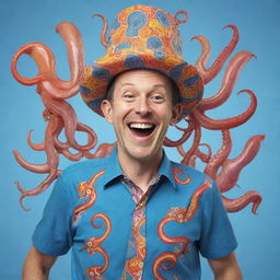 A vibrantly colored cartoon depiction of a jovial man wearing a notably quirky attire that consists of a squid-shaped hat on his head and a shirt emblazoned with squid designs.