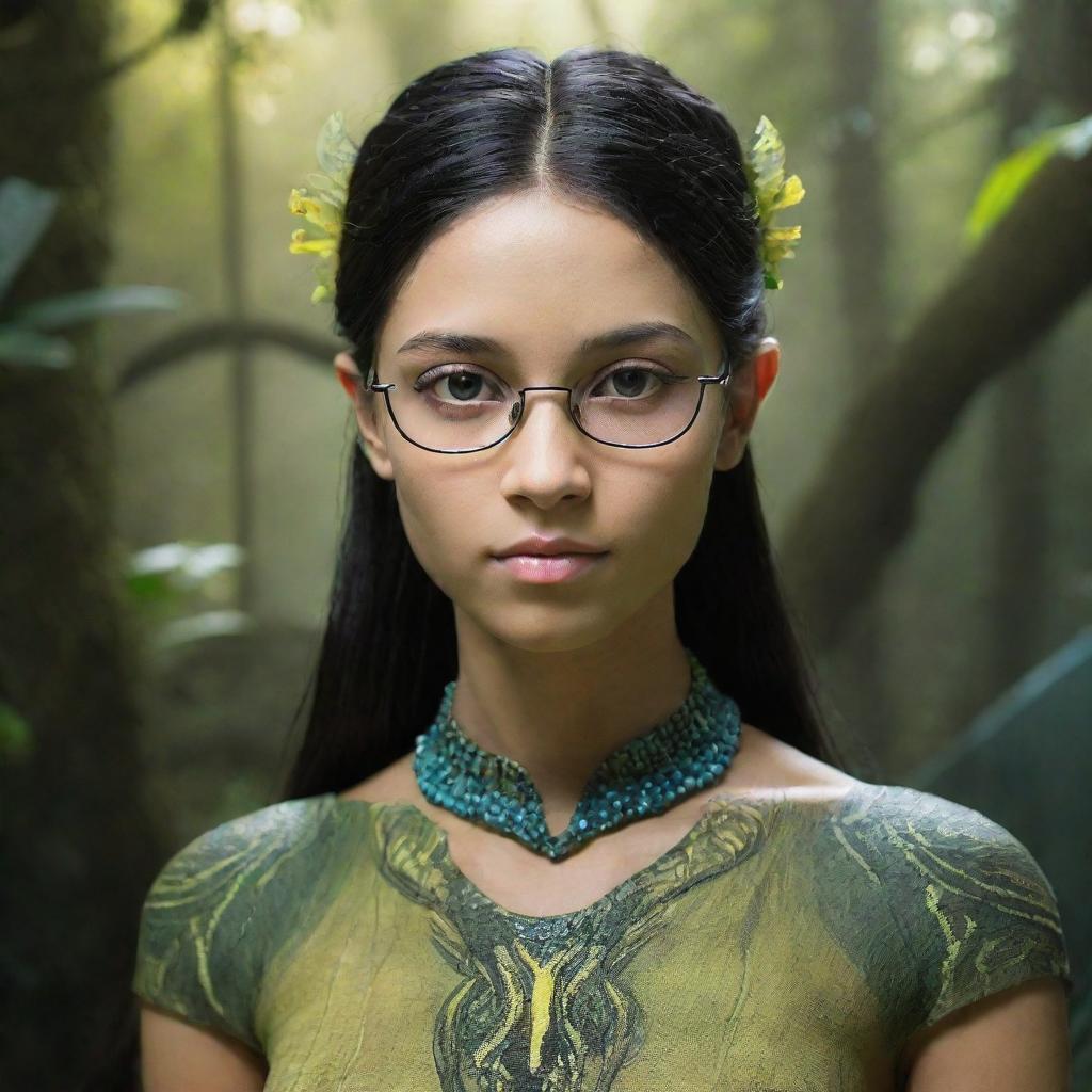 Create an image of a 15-year-old female forest Na'vi. She has a round face, characterised by mussed black hair, rectangular glasses resting on its bridge, and a beaded top adding an intricate detail to her look.