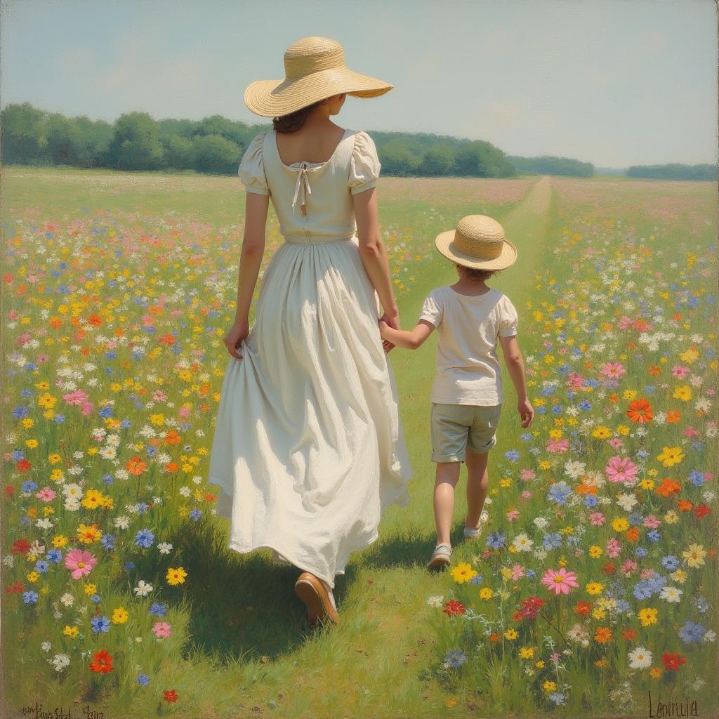 19th century Impressionist painting of a woman in a flowing white dress walking gracefully through a vibrant field of wildflowers