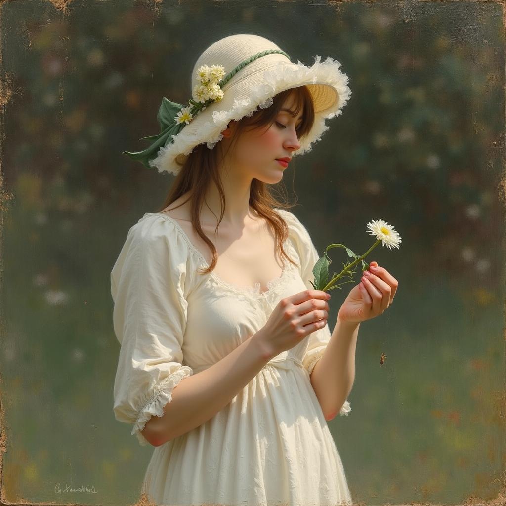 19th century Impressionist painting of a woman in a delicate white dress, captured in a moment of quiet elegance