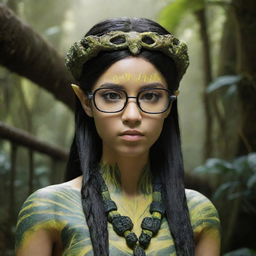 Create an image of a 15-year-old female forest Na'vi. She has a round face, characterised by mussed black hair, rectangular glasses resting on its bridge, and a beaded top adding an intricate detail to her look.