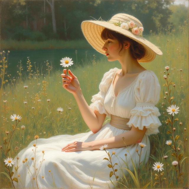 19th century Impressionist painting of a woman in a flowing white dress, gently holding a delicate flower in her hand