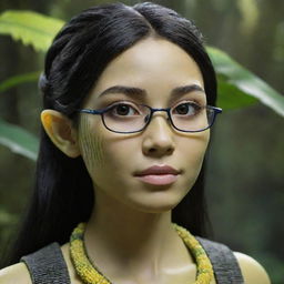 Create an image of a 15-year-old female forest Na'vi. She has a round face, characterised by mussed black hair, rectangular glasses resting on its bridge, and a beaded top adding an intricate detail to her look.