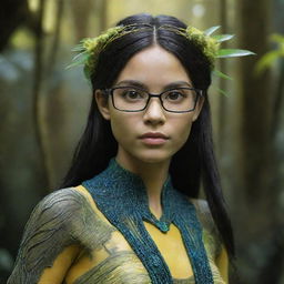 Create an image of a 15-year-old female forest Na'vi. She has a round face, characterised by mussed black hair, rectangular glasses resting on its bridge, and a beaded top adding an intricate detail to her look.