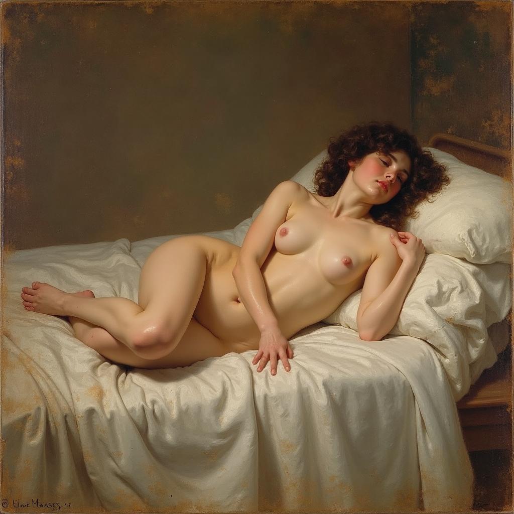 19th century Impressionist painting of a nude woman gracefully reclining on a bed