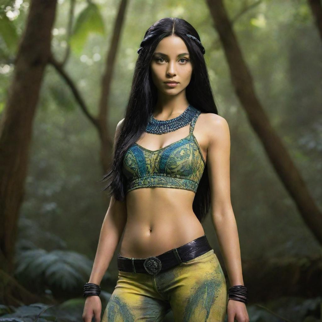 Imagine a 15-year-old female forest Na'vi with a round face and slanted eyes, featuring untamed black hair, a beaded top, and fashionable low-rise bell bottoms. She exudes a wild, free-spirited vibe.