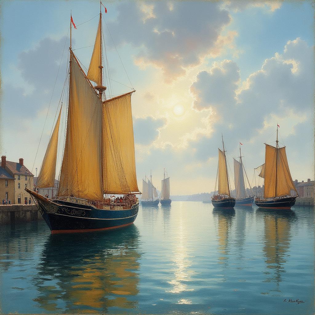 19th century Impressionist painting depicting sailing ships anchored at the port of La Havre