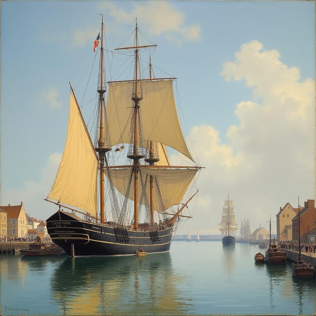 19th century Impressionist painting depicting tall sailing ships anchored at the port of Le Havre