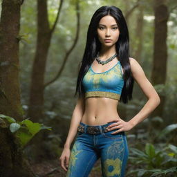 Imagine a 15-year-old female forest Na'vi with a round face and slanted eyes, featuring untamed black hair, a beaded top, and fashionable low-rise bell bottoms. She exudes a wild, free-spirited vibe.