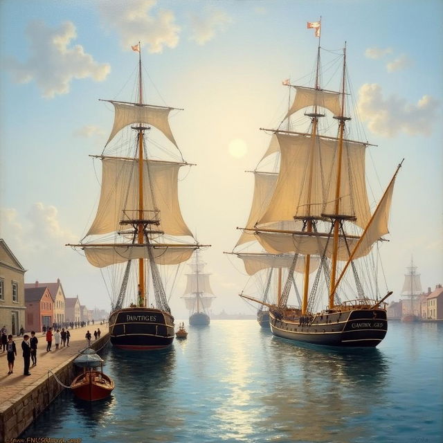 19th century Impressionist painting depicting tall sailing ships anchored majestically at the port of New Bedford, Massachusetts