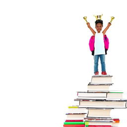 A diligent student on top of a tower of books, with a sparkling trophy symbolizing success in studies.