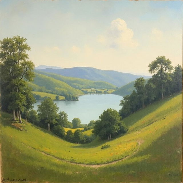 19th century Impressionist painting depicting the serene countryside near a tranquil lake in New England