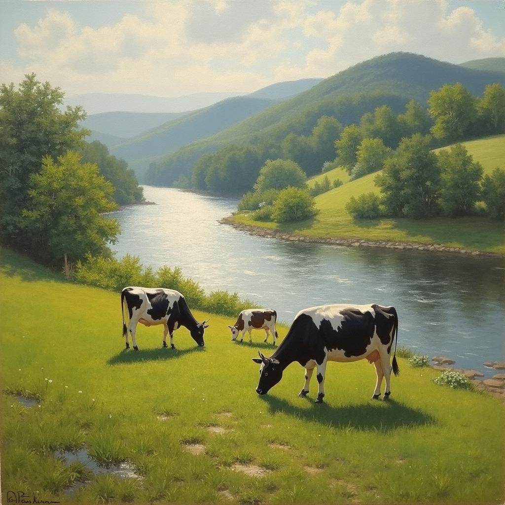 19th century Impressionist painting capturing the serene beauty of a New England pasture, where milk cows graze leisurely near a gently flowing river