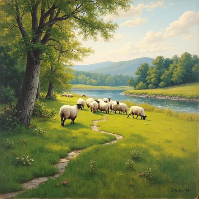 19th century Impressionist painting of a peaceful New England countryside scene featuring a flock of sheep grazing in a lush green field near a gently flowing river