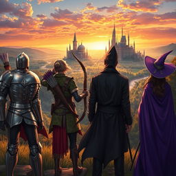 A hero, an archer, an assassin, and a witch, all standing with their backs to a majestic kingdom