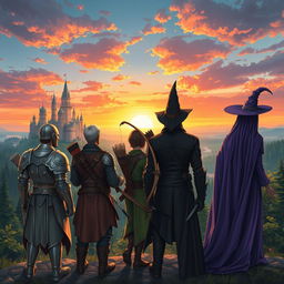 A hero, an archer, an assassin, and a witch, all standing with their backs to a majestic kingdom