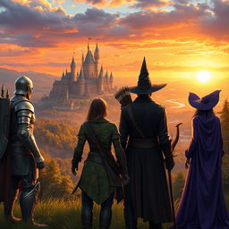 A hero, an archer, an assassin, and a witch, all standing with their backs to a majestic kingdom