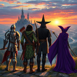 A hero, an archer, an assassin, and a witch, all standing with their backs to a majestic kingdom