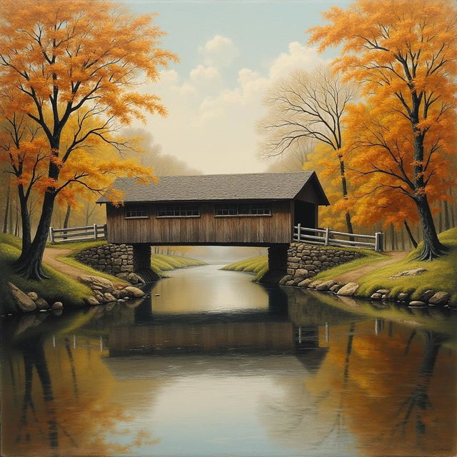 19th century painting depicting a picturesque covered bridge spanning a serene river in New England