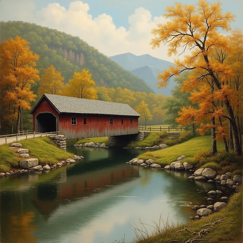 19th century painting depicting a covered bridge over a scenic river in New England